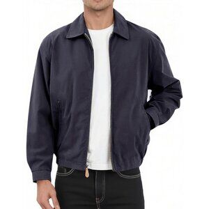 Men's Navy Blue Cotton Casual Stylish Versatile Zip Up Lightweight Bomber Jacket